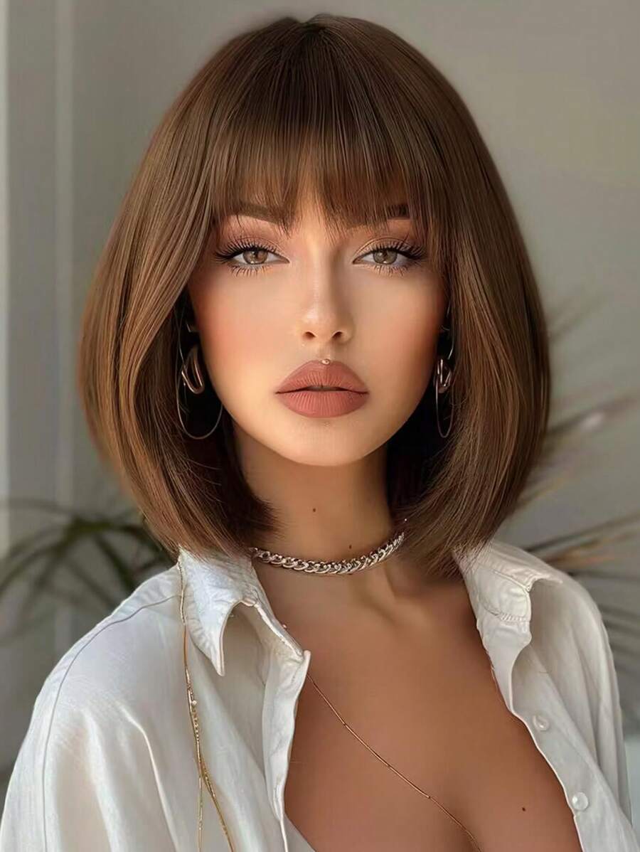 14 Inch Màu Nâu Ngắn Bob Tổng Hợp Thẳng Tóc Giả Với Nổ Và Chịu Nhiệt Tóc Giả Thích Hợp Cho Các Bạn Gái Sử Dụng Hàng Ngày trong Mùa Hè - màu nâu - Xem 1