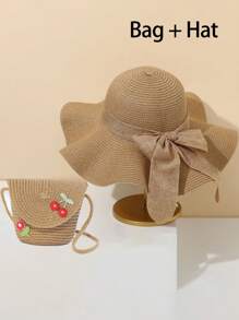 Women's Beach Hat, Khaki Wavy Pattern Beach Sun Hat With Woven Shoulder Bag, Perfect For Spring And Summer Beach Vacations And Outdoor Activities, Essential For Beach Holidays, Travel, Shopping And Vacations. - Khaki - View 13