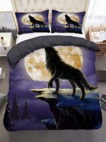 3入組狼圖案床單套裝，黑暗之夜雷電狼嗥印花床上用品套裝，柔軟舒適透氣被套配枕套，適用於臥室、客房（1*被套+2*枕套，不含內芯） - 彩色 - 查看 5