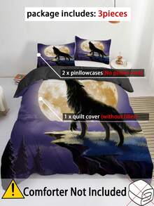 3入組狼圖案床單套裝，黑暗之夜雷電狼嗥印花床上用品套裝，柔軟舒適透氣被套配枕套，適用於臥室、客房（1*被套+2*枕套，不含內芯） - 彩色 - 查看 2