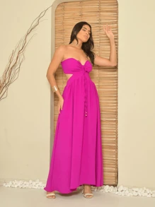 Vestido Longo Feminino Tomara-que-caia com detalhe de amarração no pescoço Maxy dress - Fúcsia - Visão 5