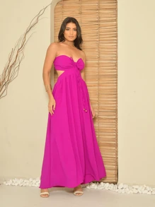 Vestido Longo Feminino Tomara-que-caia com detalhe de amarração no pescoço Maxy dress - Fúcsia - Visão 4