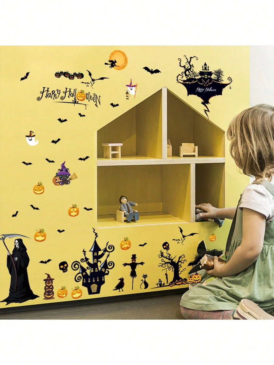1 件万圣节城堡窗贴，PVC 可移除恐怖蝙蝠稻草人贴纸，带南瓜骨架黑猫乌鸦，适用于家庭门窗装饰，万圣节派对装饰