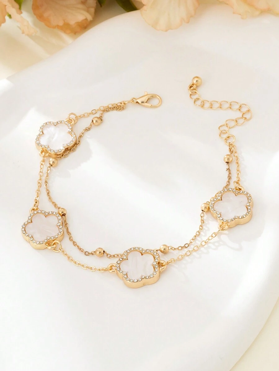 1 chiếc vòng tay hai lớp thiết kế cỏ bốn lá ngọt ngào thời trang mới dành cho phụ nữ, quà tặng tiệc (Số lượng hạt trên chuỗi là ngẫu nhiên) Ngày lễ tình nhân, Mẹ, Mẹ, Ngày của Mẹ, Quà tặng - Kim cương trắng - Xem 1