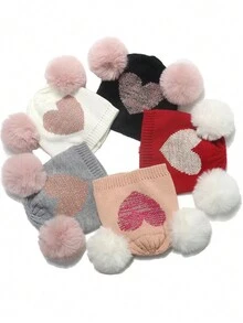 1 pezzo Adorabile cappello invernale per bambino a doppio pon-pon, Jacquard a cuore maglia bistretch con protezione orecchie, autunno/inverno