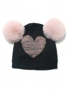 1 pezzo Adorabile cappello invernale per bambino a doppio pon-pon, Jacquard a cuore maglia bistretch con protezione orecchie, autunno/inverno