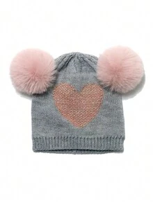 1 pezzo Adorabile cappello invernale per bambino a doppio pon-pon, Jacquard a cuore maglia bistretch con protezione orecchie, autunno/inverno