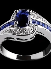 Anillo de banda de zirconia azul ovalado, anillo de boda elegante súper brillante, decoración de joyas