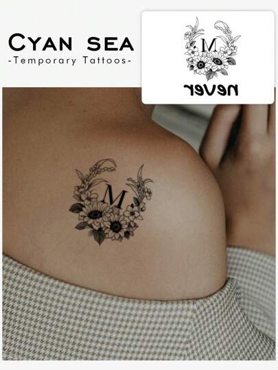 件防水臨時紋身貼紙由 PVC 製成，向日葵花環帶英文字母“m”，適合年輕和活力人群