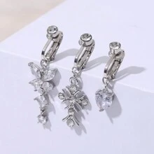 3pcs Women's Gift Stainless Steel Belly Button Ring Set, Non-Piercing Fake Navel Rings With Copper Inlaid Cubic Zirconia, Heart, Butterfly, And Cross Elements, Sexy Body Jewelry Valentines,Mom,Mother,Mother's Day,Gift - Silver - View 1