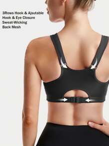 Sujetador deportivo de mujer con efecto push-up, espalda cruzada, cremallera delantera, a prueba de choques para gimnasio y correr - Negro - Ver 3