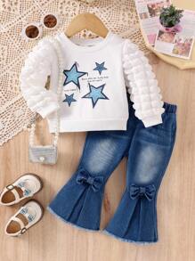 Baby Girl Cartoon Pentagram & Letter Printed Puff Sleeve Sweatshirt With Bow Decoration Flared Jeans Set
