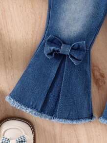 Baby Girl Cartoon Pentagram & Letter Printed Puff Sleeve Sweatshirt With Bow Decoration Flared Jeans Set