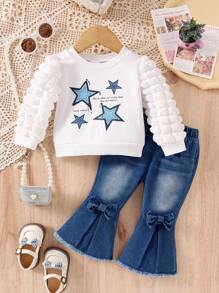 Baby Girl Cartoon Pentagram & Letter Printed Puff Sleeve Sweatshirt With Bow Decoration Flared Jeans Set