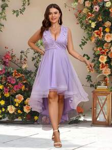 Váy dạ hội xếp ly ren và lưới bất đối xứng cỡ lớn cho nữ - Màu tím - Xem 3