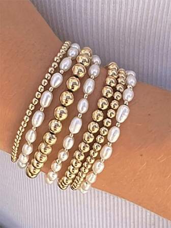 3/6/7/15pcs Set Of Stacked Gold Bracelets For Women And Girls, Mixed Bead Shaped Pearl Bracelet With Gold Plated Elastic Bead Ball Bracelet Set, Daily Surprise Gift Jewelry