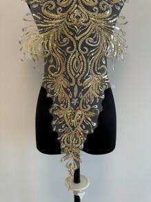 Lace Applique With Beaded Sequin Embroidery Floral Back Lace Appliques Patches For Craft Projects (Golden) - Gold - View 5