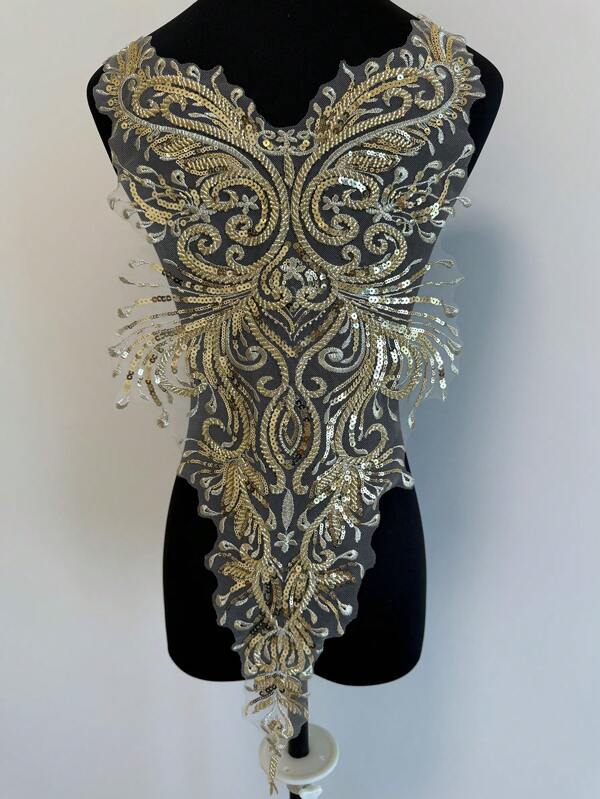 رقعات الدانتيل المطرز بالترتر المخرز على شكل زهور لمشاريع الحرف اليدوية (ذهبي)