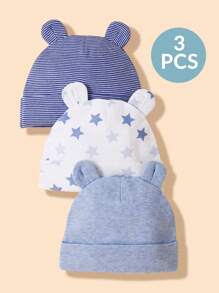 3入組寶寶帽子，透氣舒適柔軟，可愛的熊耳朵，適用於秋冬款式