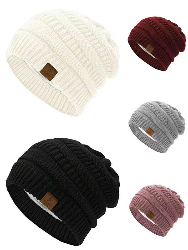 1pc Women's Casual Solid Color Knitted Thermal Lined 5-Pointed Star Beanie Hat Winter Fall