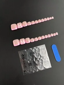 24 piezas de uñas postizas rosas con puntas francesas, uñas postizas cuadradas acrílicas cortas brillantes con diseño de lazos 3D para decoración de uñas de los pies rosas para mujeres y niñas - Rosa - Ver 2