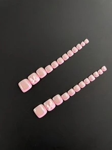 24 piezas de uñas postizas rosas con puntas francesas, uñas postizas cuadradas acrílicas cortas brillantes con diseño de lazos 3D para decoración de uñas de los pies rosas para mujeres y niñas - Rosa - Ver 3