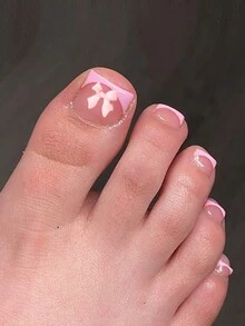 24 piezas de uñas postizas rosas con puntas francesas, uñas postizas cuadradas acrílicas cortas brillantes con diseño de lazos 3D para decoración de uñas de los pies rosas para mujeres y niñas - Rosa - Ver 1