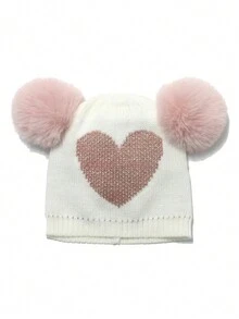 1 pezzo Adorabile cappello invernale per bambino a doppio pon-pon, Jacquard a cuore maglia bistretch con protezione orecchie, autunno/inverno