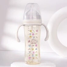 1pc 270ml Geometric Pattern PPSU Baby Bottle With Silicone Nipple, Anti-Drop Material With Handle For Self-Feeding