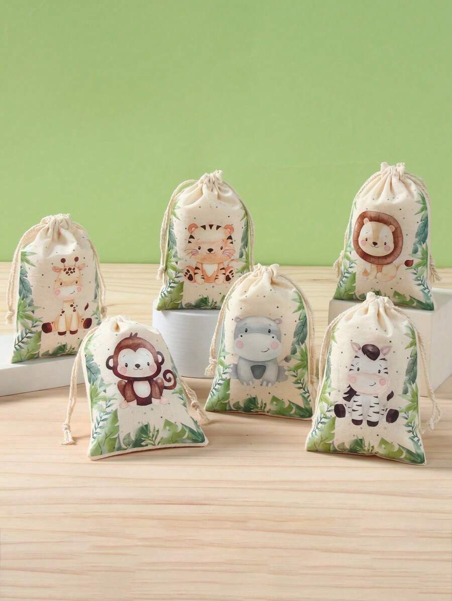 6 件丛林动物风格礼品袋，抽绳储物袋，性别揭示生日婚礼家庭节日派对礼品包装用品礼品袋，圣诞节 - 彩色 - 查看 1