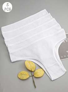 5 件装 女士白色罗纹针织高腰透气性感丁字裤 - 白色 - 查看 1