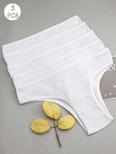 5 件装 女士白色罗纹针织高腰透气性感丁字裤