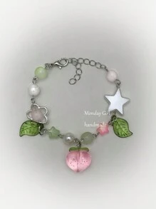 1pc Sweet And Fashionable Metal & Resin Crystal Multi-Colored Beaded Bracelet With Peach, Green Leaves, Fruit, Stars And Flowers For Women, Birthday Party And Daily Wear - 彩色 - 查看 5