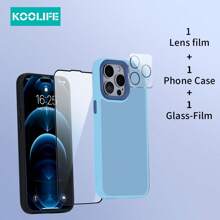 Koolife 3pcs Set (1pc Starry Diamond Skin-Touch Anti-Drop Full Protective Phone Case, 1pc Full-Screen High-Definition Transparent Screen Protector With Black Silk Printed Edges, 1pc Phone Camera Lens Protector) Compatible With Apple IPhone12/12Pro/12ProMax/13/13Pro/13ProMax/14/14Plus/14Pro/14ProMax/15/15Pro/15Plus/15ProMax - Blue - View 1