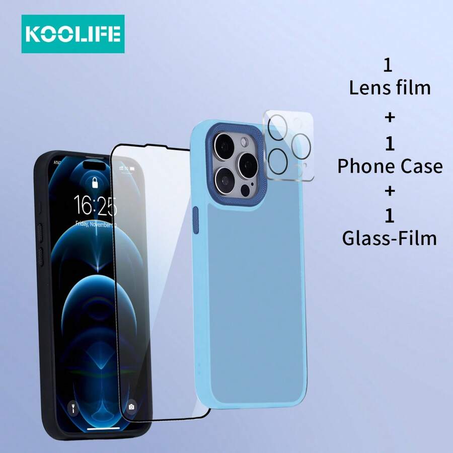 Koolife 3pcs Set (1pc Starry Diamond Skin-Touch Anti-Drop Full Protective Phone Case, 1pc Full-Screen High-Definition Transparent Screen Protector With Black Silk Printed Edges, 1pc Phone Camera Lens Protector) Compatible With Apple IPhone12/12Pro/12ProMax/13/13Pro/13ProMax/14/14Plus/14Pro/14ProMax/15/15Pro/15Plus/15ProMax - Blue - View 1