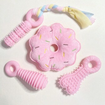 狗玩具，小狗咀嚼玩具，粉色软橡胶小狗玩具，牙齿清洁和牙齿护理，有趣的骨头形球，橡胶绳，适合猫狗的小型犬