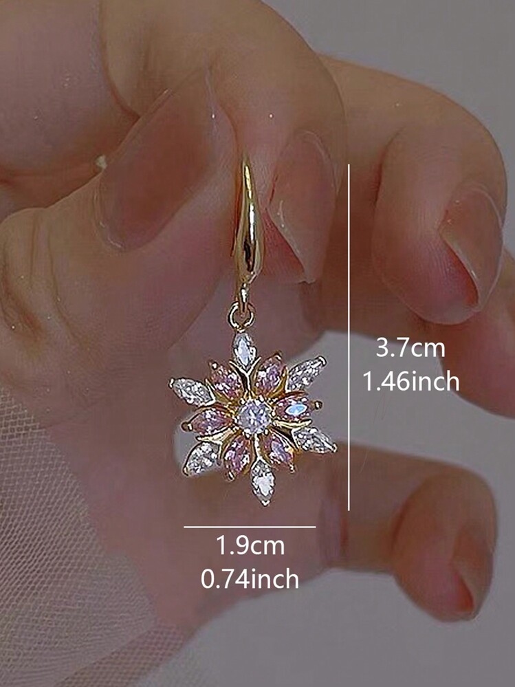 1pair Sweet & Exquisite Snowflake-Shaped Christmas Earrings Embellished With Pink Rhinestones, Elegant & Graceful Personalized Jewelry For Women - Yellow Gold - View 4