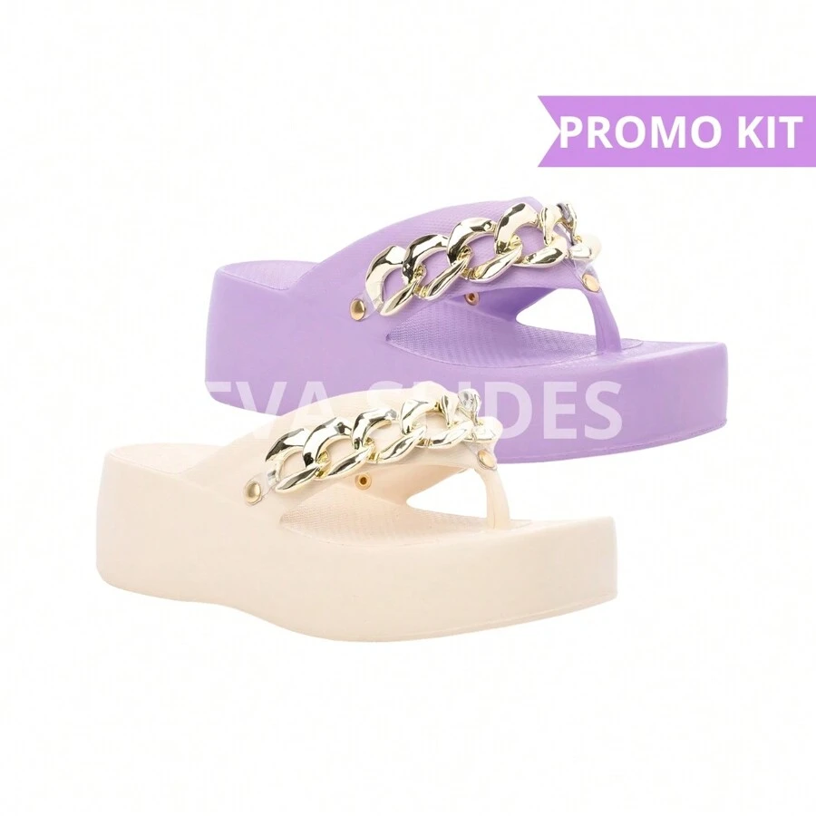Kit 2 Pairs Super Light Chain Heel Platform Flip Flops - 丁香和香檳 - 查看 1