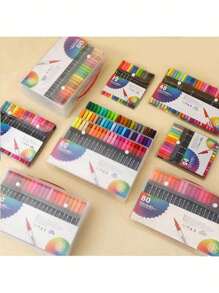 12/24/36/48 peças Marcadores Duplos de Dupla Ponta Fina e Escova, Cores de Esboço de Caneta de Aquarela Profissional de Desenho para Estudantes Abastecimento Escolar de Papelaria. - Multicolorido - Visão 1