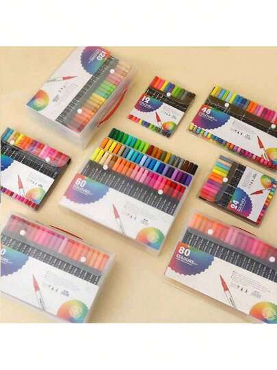 12/24/36/48 peças Marcadores Duplos de Dupla Ponta Fina e Escova, Cores de Esboço de Caneta de Aquarela Profissional de Desenho para Estudantes Abastecimento Escolar de Papelaria.