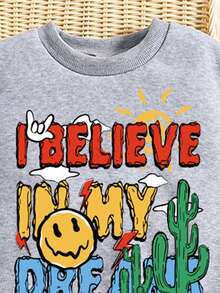 Young Boy Cartoon Printed Warm Round Neck Sweatshirt And Pants Set - Grey - View 6