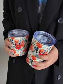 1pc Watercolor Flower Insulated Stainless Steel Cup, Double Walled Vacuum Bottle For Cold And Hot Drinks, Travel Mug For Outdoor And Gym Activities, Coffee Mug, Car Cup, Festival Gift, 350ml/11.8oz, 280ml/9.47oz