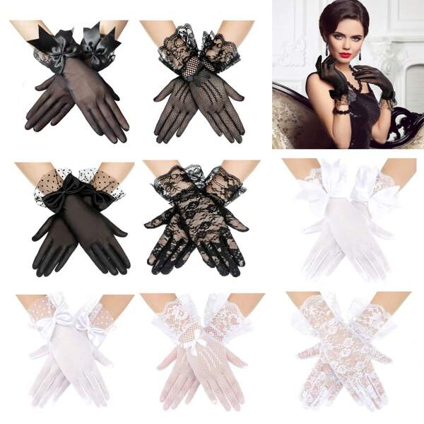 4 Paar Spitzenhandschuhe Frauen Elegant Schwarze Kurze Handschuhe Tee-Party-Hochzeitshandschuhe mit Schleife für Beerdigungen Vintage 60er 50er Opern-Handschuhe Sommerhandschuh 20er 30er für Frauen Damen Halloween Abendparty Dinner Prom Cosplay Zubehör Weiße Kurze Handschuhe für Braut