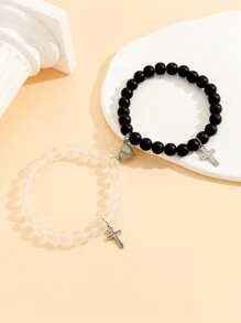 ATLVXJL 2pcs/Set Couple's Cross, Glow-In-The-Dark Heart Shaped Jewelry Set, Black Beaded Bracelet, Valentine's Day Gift