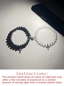 ATLVXJL 2pcs/Set Couple's Cross, Glow-In-The-Dark Heart Shaped Jewelry Set, Black Beaded Bracelet, Valentine's Day Gift