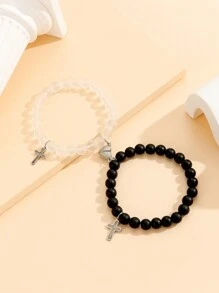 ATLVXJL 2pcs/Set Couple's Cross, Glow-In-The-Dark Heart Shaped Jewelry Set, Black Beaded Bracelet, Valentine's Day Gift