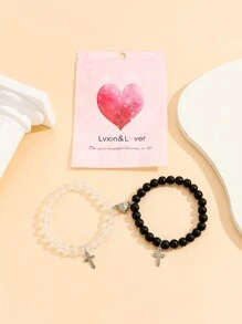 ATLVXJL 2pcs/Set Couple's Cross, Glow-In-The-Dark Heart Shaped Jewelry Set, Black Beaded Bracelet, Valentine's Day Gift