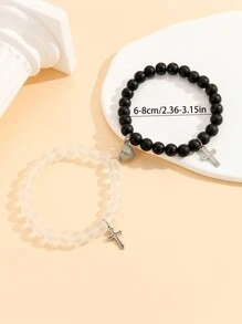 ATLVXJL 2pcs/Set Couple's Cross, Glow-In-The-Dark Heart Shaped Jewelry Set, Black Beaded Bracelet, Valentine's Day Gift