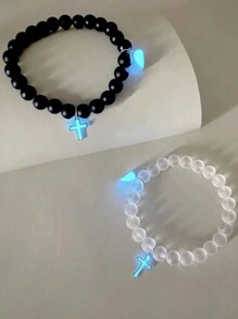 ATLVXJL 2pcs/Set Couple's Cross, Glow-In-The-Dark Heart Shaped Jewelry Set, Black Beaded Bracelet, Valentine's Day Gift