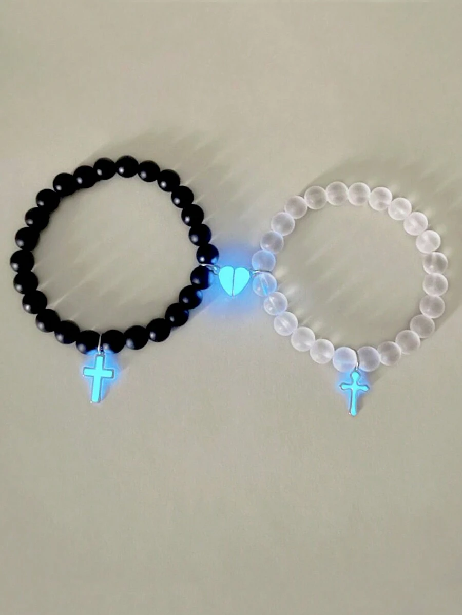 ATLVXJL 2pcs/Set Couple's Cross, Glow-In-The-Dark Heart Shaped Jewelry Set, Black Beaded Bracelet, Valentine's Day Gift